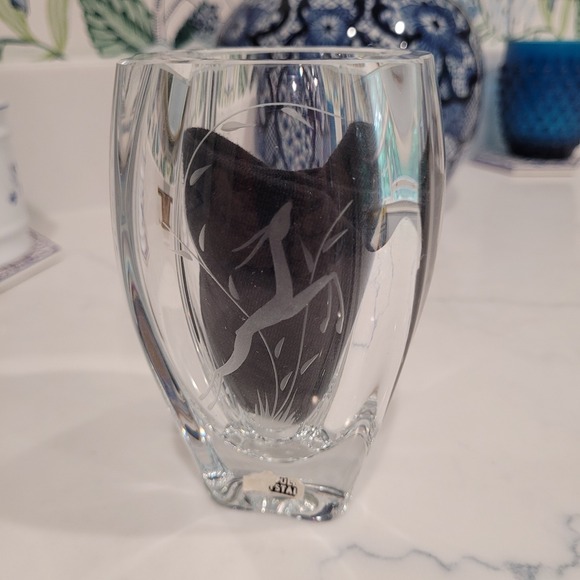 Skruf Other - Skruf Sweden Etched Stag Crystal Vase Signed Scandinavian Art Glass 5in Clear